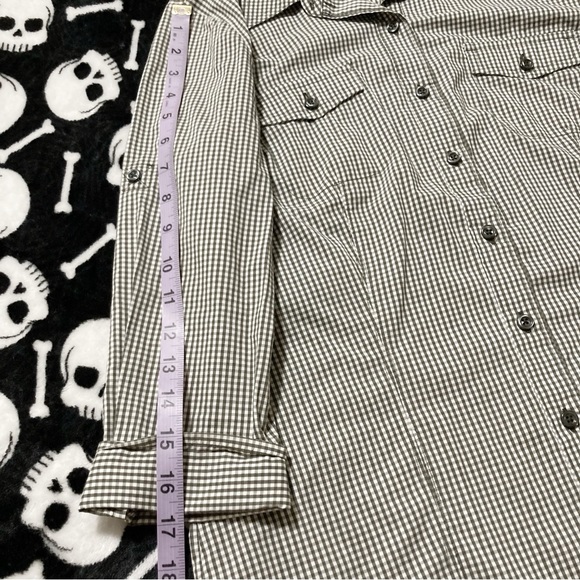 DENVER HAYES Sage grey white gingham roll tab shirt ~ MEDIUM camp outdoor top - Picture 10 of 14